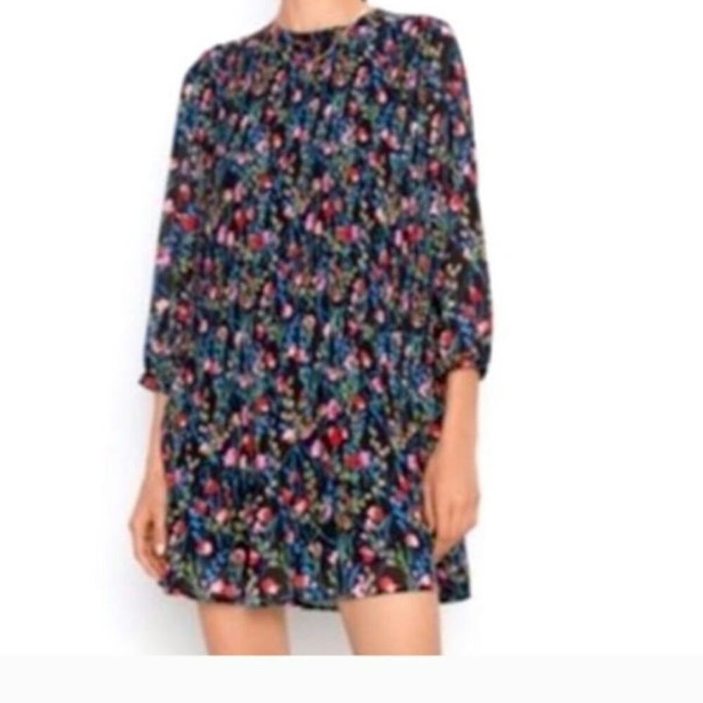 Zara Pleated Black Floral 3/4 Sleeve Mini Dress. Size Small - Picture 8 of 8